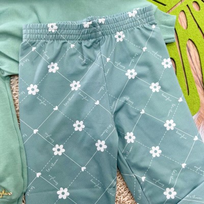 Conj. Blusão de Moletom 3 Laços e Calça Legging Florzinhas - Verde
